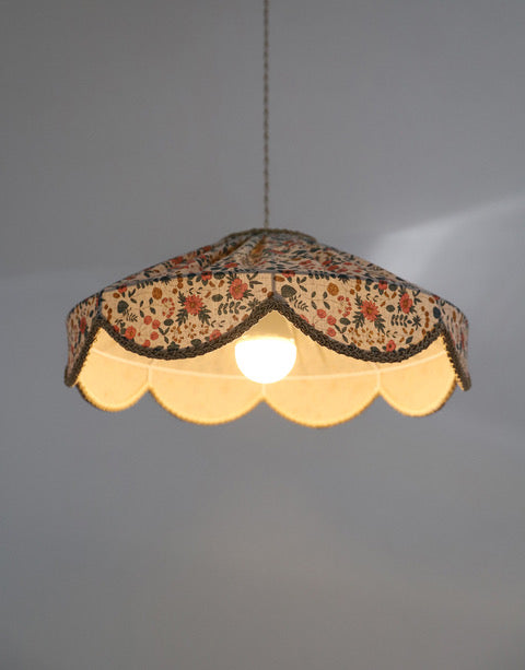 "Cosette" Pendant Light in English Garden Floral Fabric - Vintage Style Scalloped Shade - Made in France