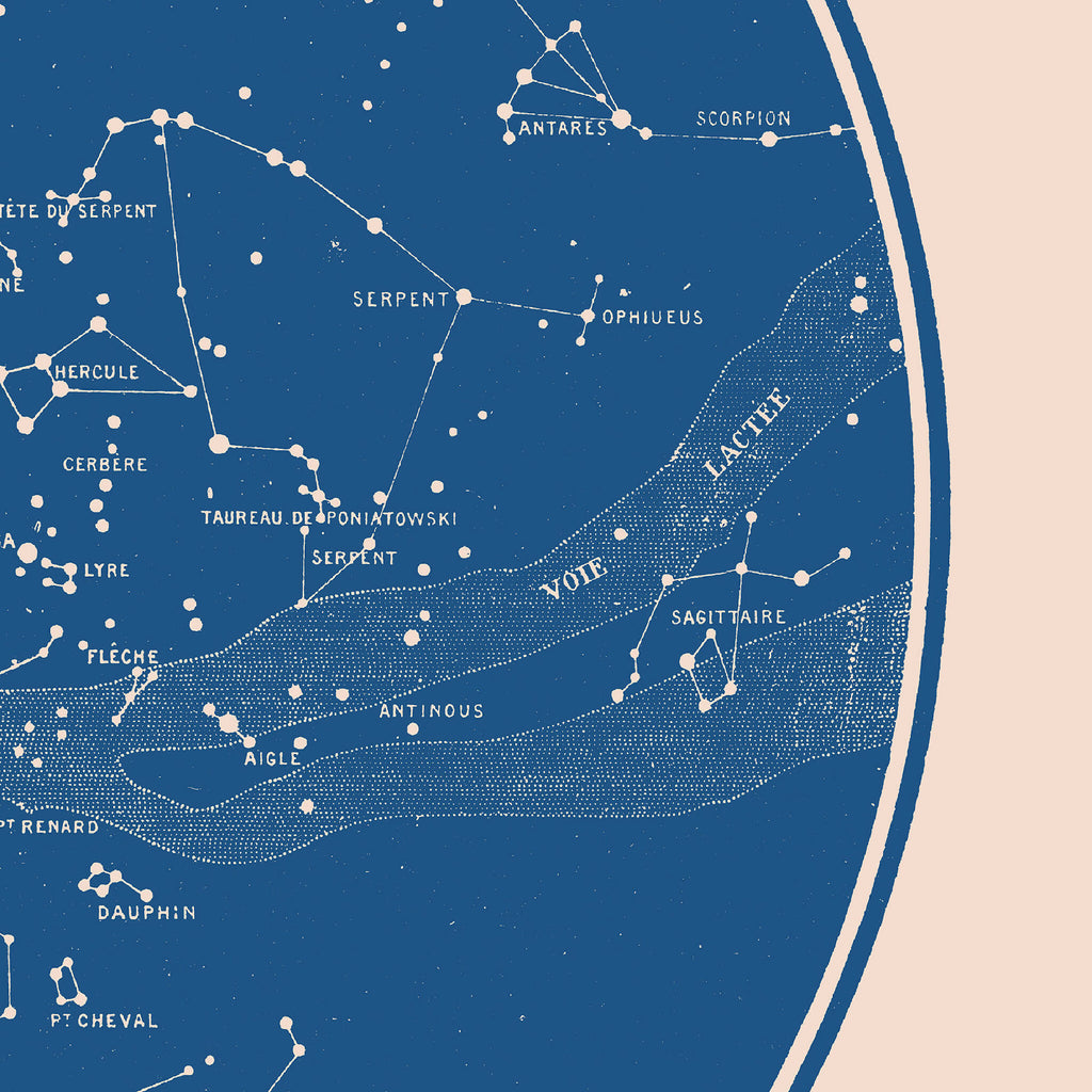 Affiche « Carte céleste » : carte bleue constellations et lignes blanches.