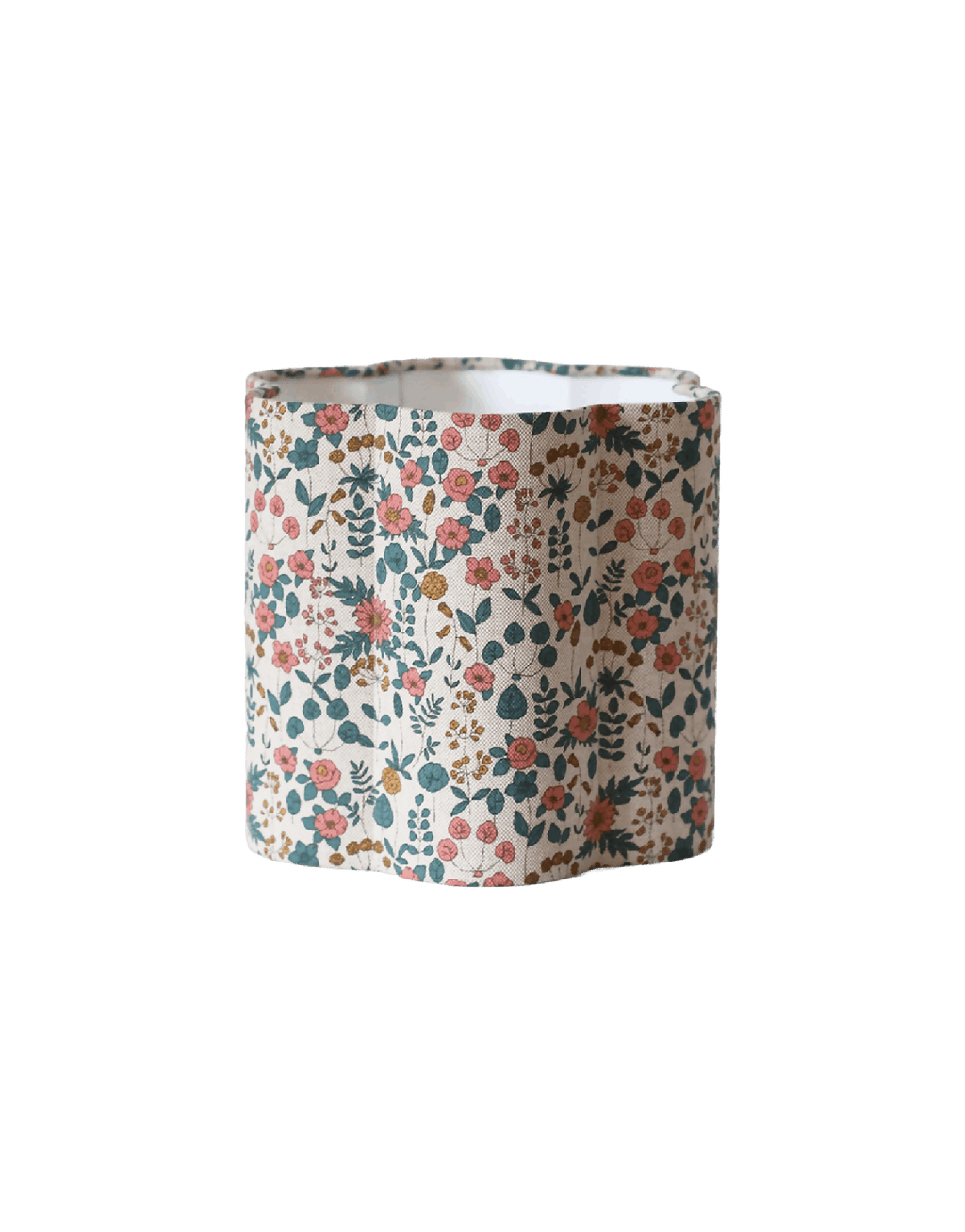 Abat-jour en coton beige fleuri, forme cylindrique, couture décorative.
