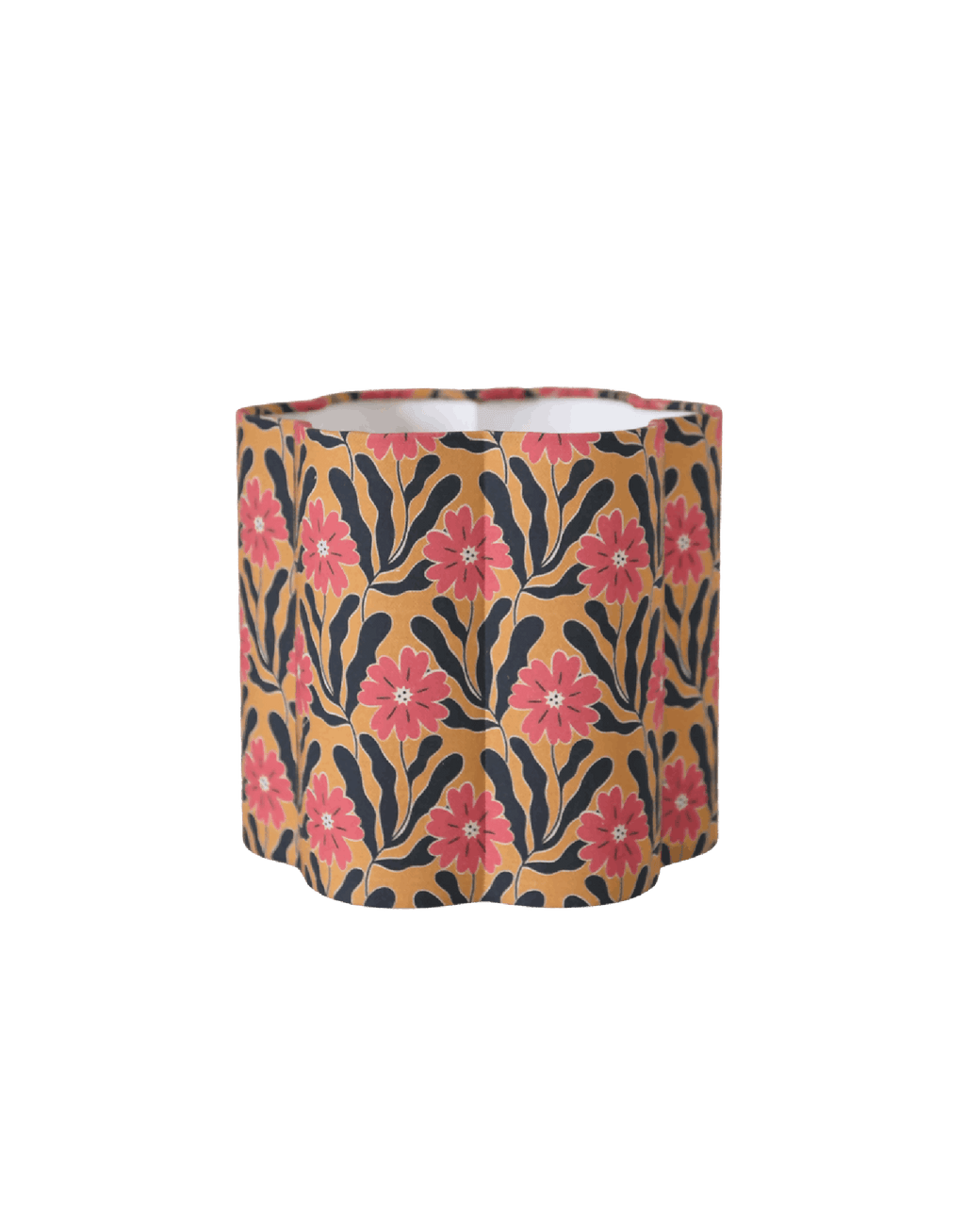 Abat-jour cylindrique en tissu, motif fleurs roses et feuilles, fond sombre, style rétro