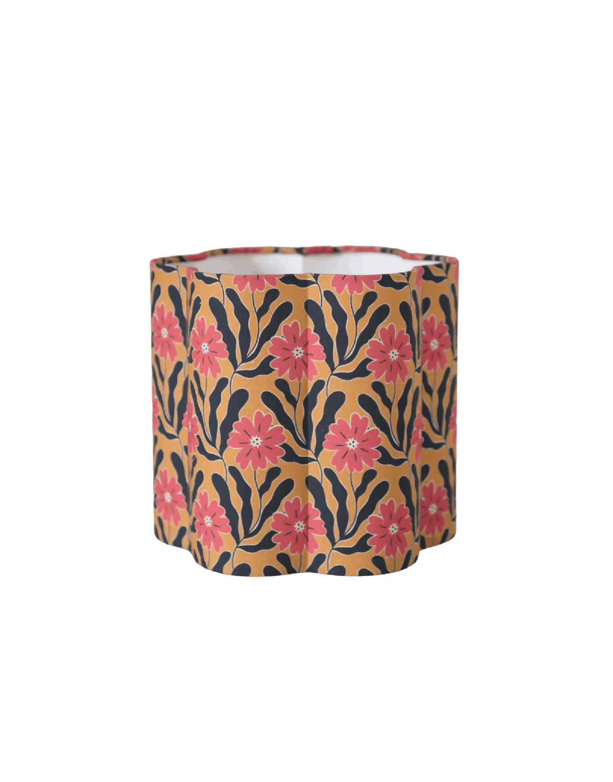 Abat-jour cylindrique en tissu, motif fleurs roses et feuilles, fond sombre, style rétro