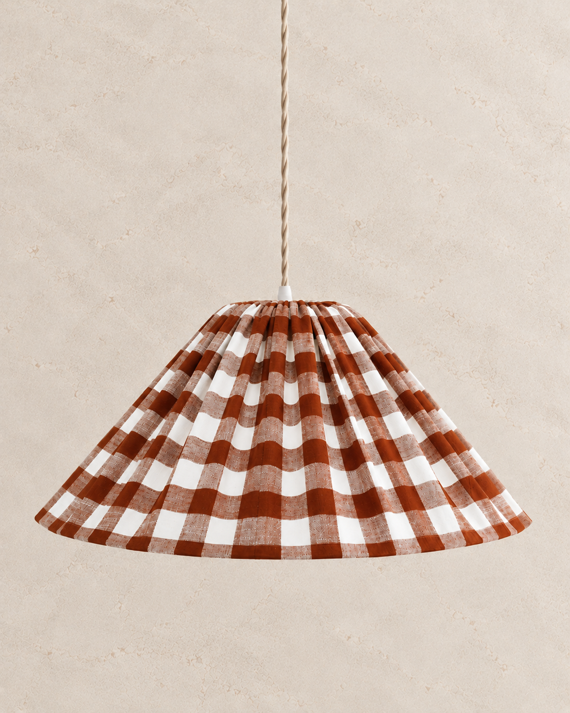 Malala pleated conical pendant light, "terra" with large terra checks