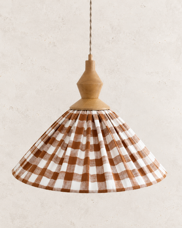 Olga pleated pendant lamp in terra & walnut jewel checkered cotton canvas