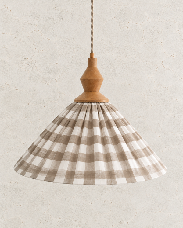Olga pleated pendant light in beige plaid cotton canvas & walnut detail