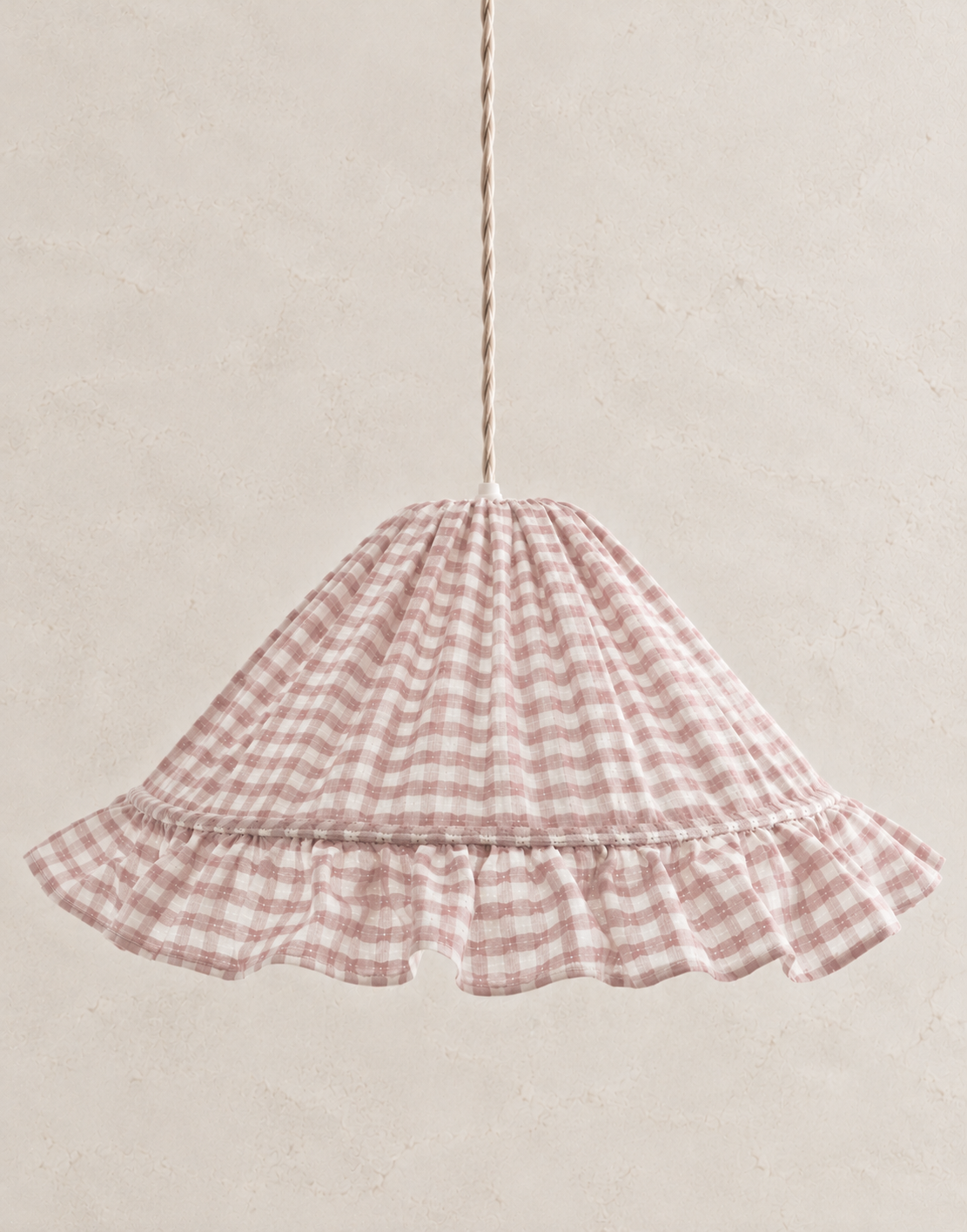 Emilia "pink gingham" conical pendant light with ruffled edge