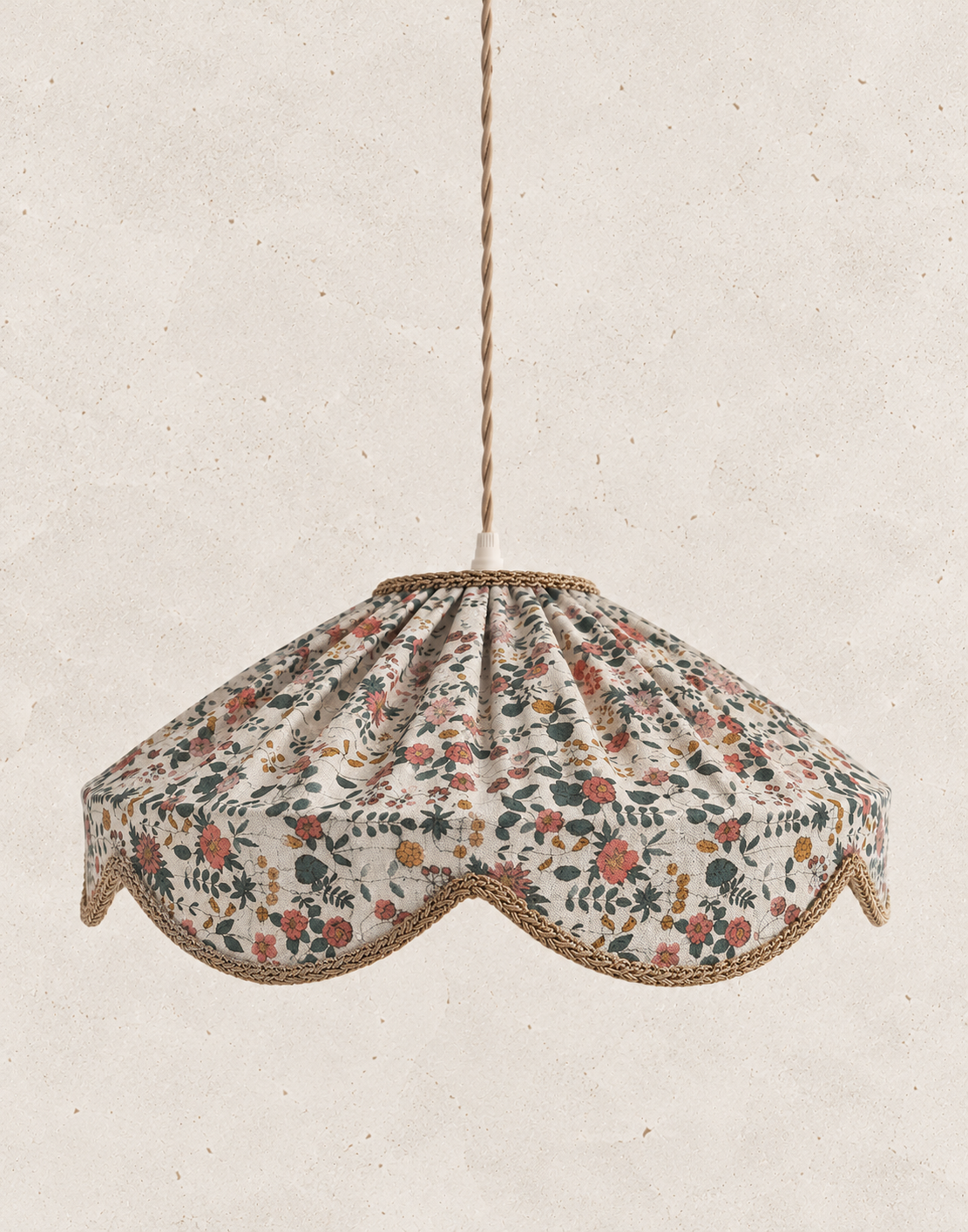 "Cosette" Pendant Light in English Garden Floral Fabric - Vintage Style Scalloped Shade - Made in France
