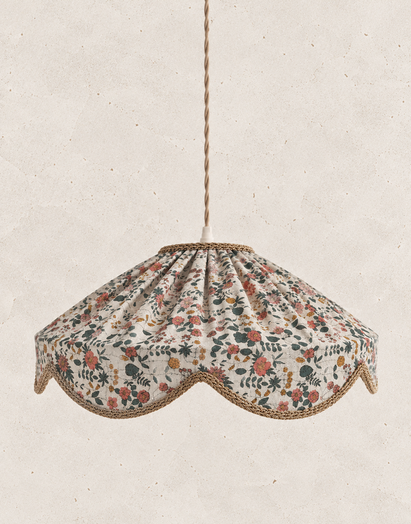 "Cosette" Pendant Light in English Garden Floral Fabric - Vintage Style Scalloped Shade - Made in France