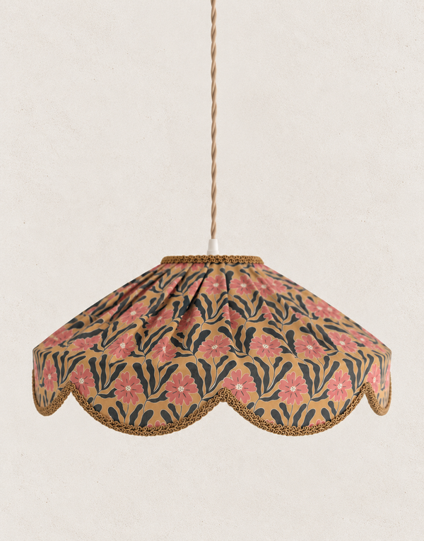 "Cosette" Pendant Light in Goa Floral Fabric - Vintage Style Scalloped Lampshade Made in France