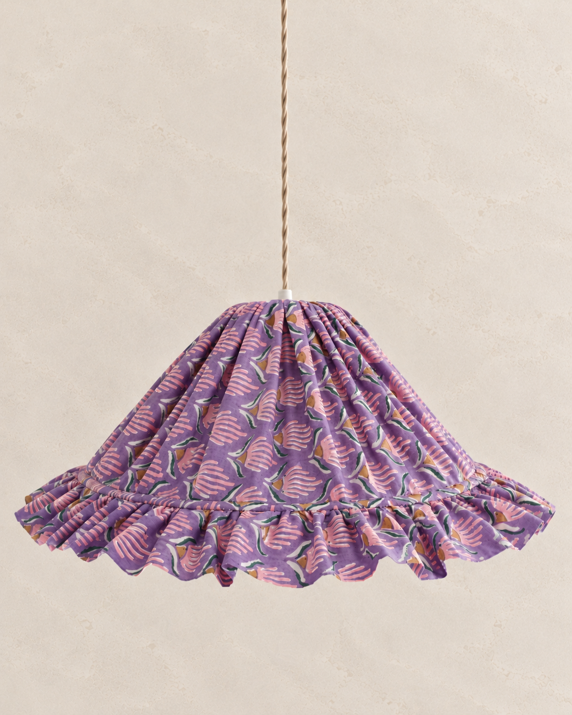 "Emilia" conical pendant lamp "Purple Shell Flowers", artisanal light fixture