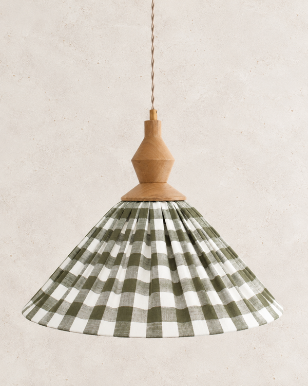 Olga pleated pendant lamp in khaki checkered cotton canvas & walnut detail