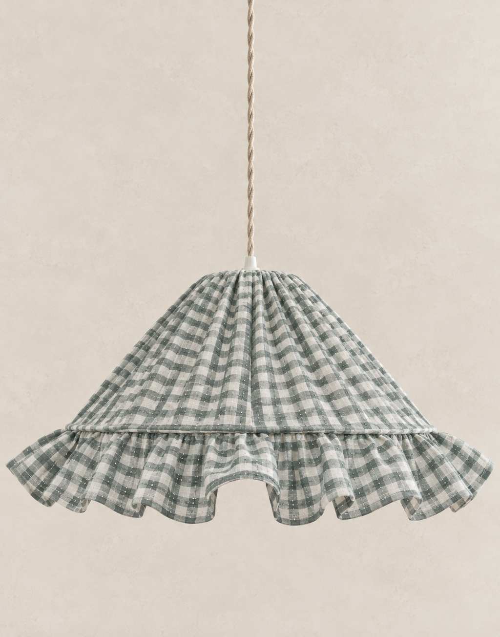 "Emilia" conical pendant lamp with "small green check" ruffled edge