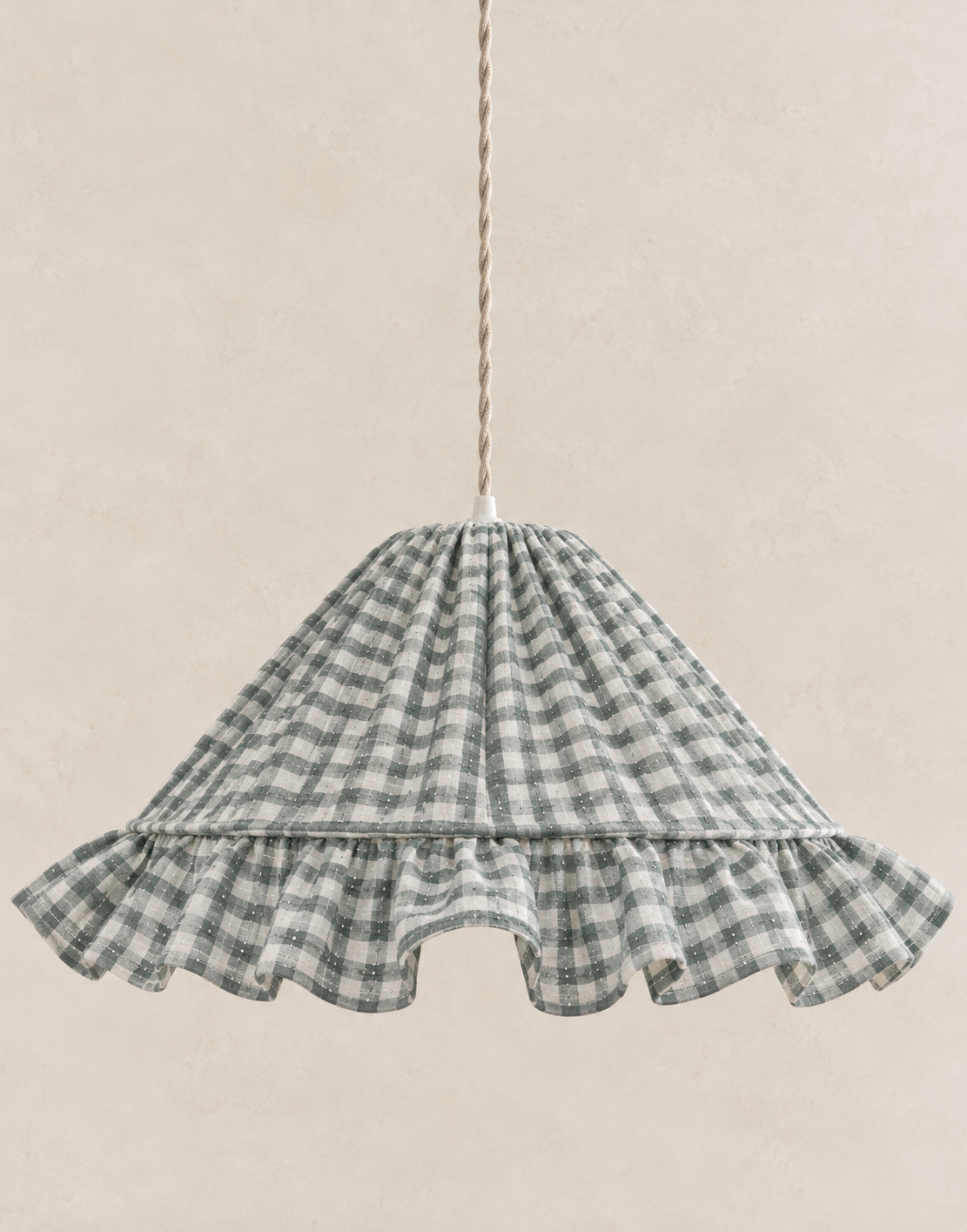 "Emilia" conical pendant lamp with "small green check" ruffled edge