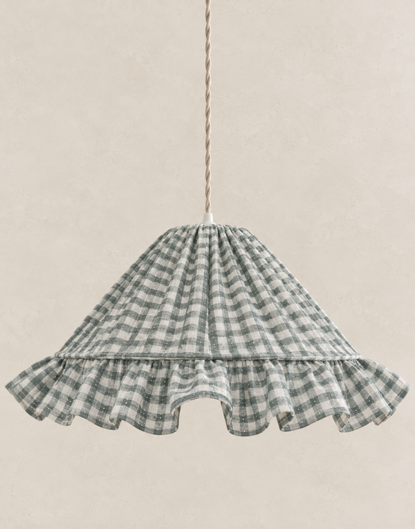 "Emilia" conical pendant lamp with "small green check" ruffled edge