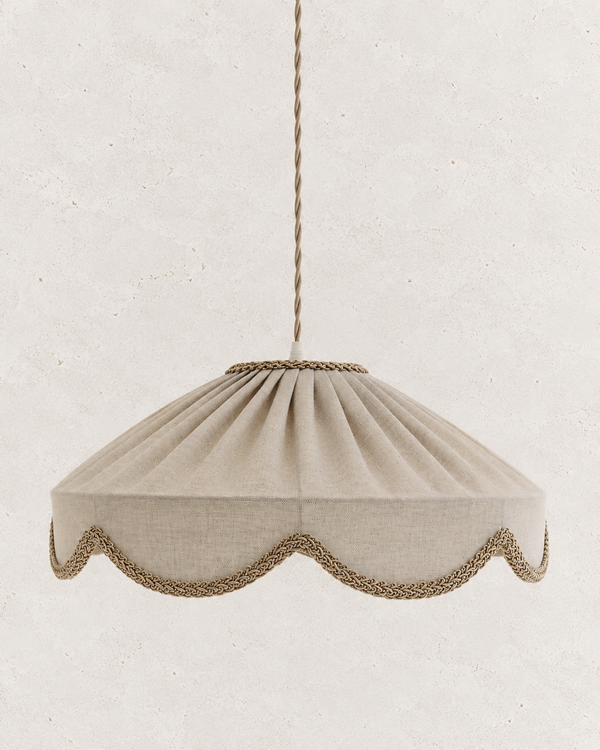"Cosette" Pendant Light in Plain Beige Classic Fabric - Scalloped Vintage Style Lampshade Made in France