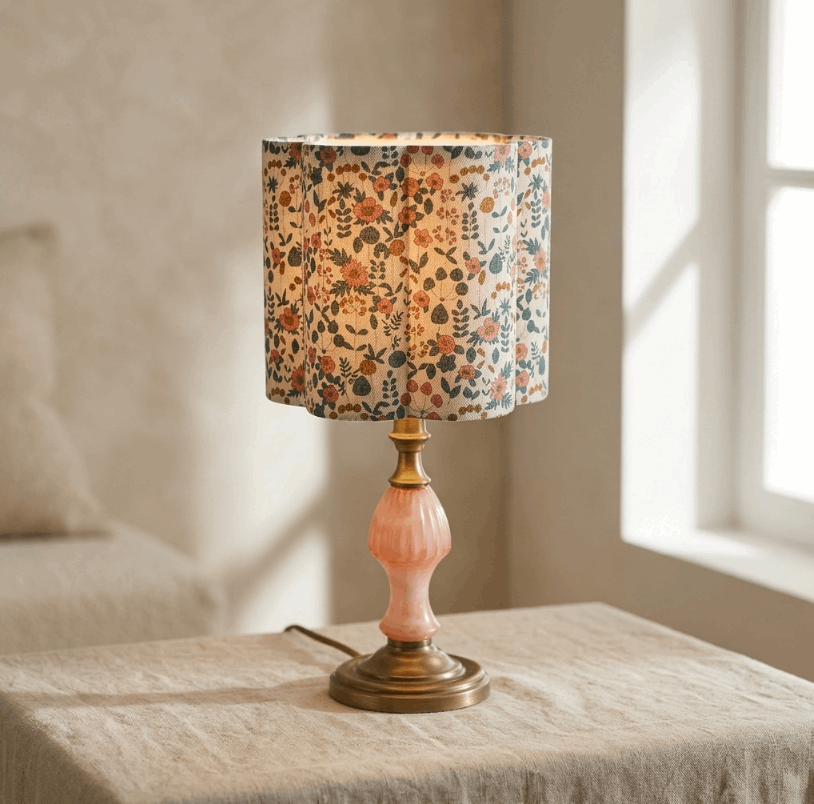 Abat-jour fleuri multicolore en coton beige, sur pied de lampe