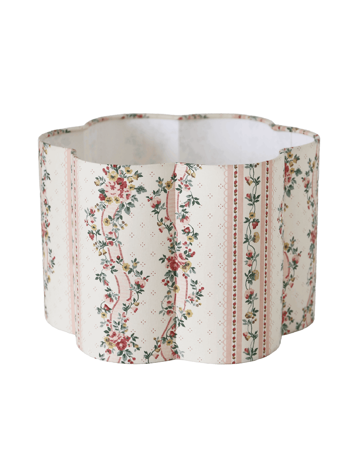 Abat-jour forme fleur Flora Pontavel, tissu crème à fleurs multicolores et rayures