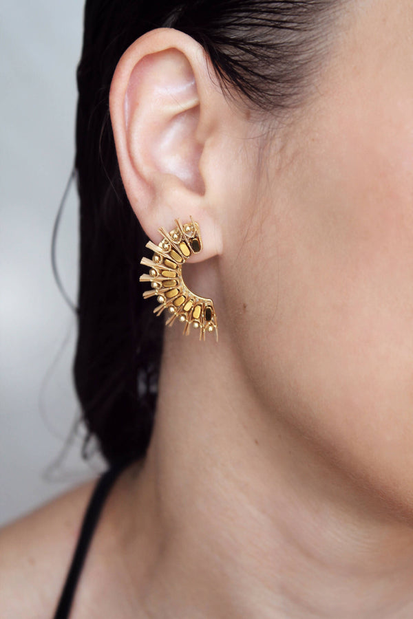Boucles d’oreilles oursin en bronze, motif ajouré, portées sur l’oreille