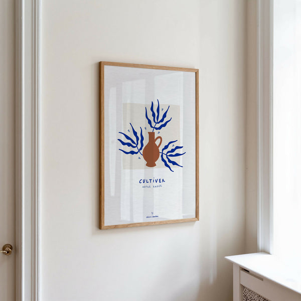 Affiche A4 en cadre en bois, motif corail bleu et terre cuite, format vertical