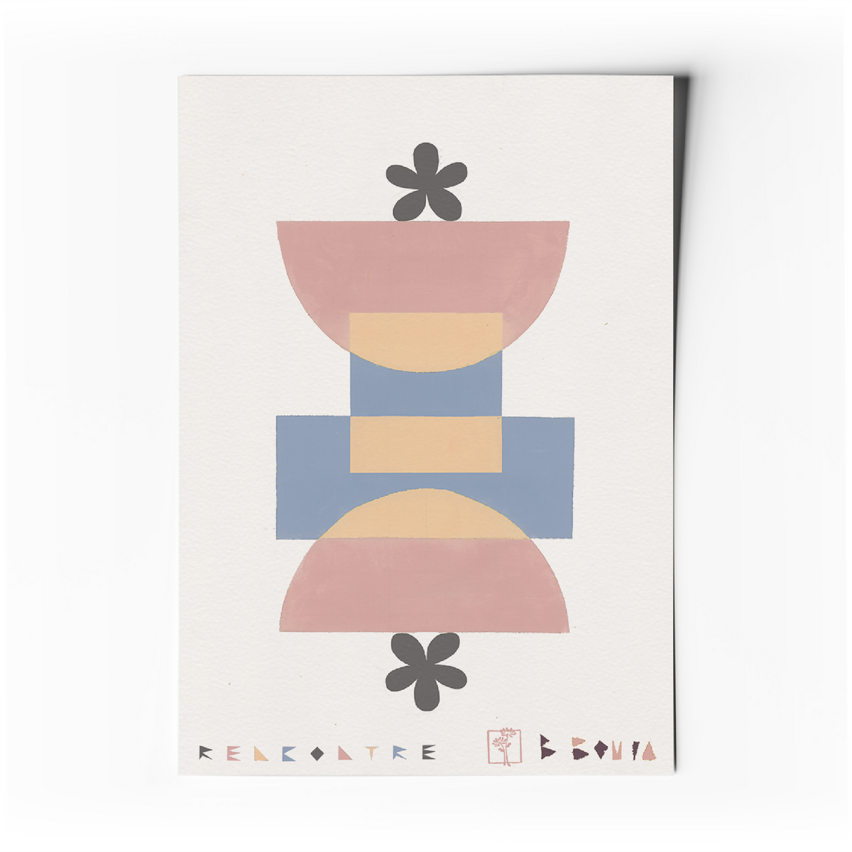 Affiche d’art abstrait géométrique pastel avec motifs floraux et formes en blocs.