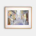 Lithographie encadrée « Après la pluie » avec rue japonaise et lanternes