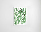 Aquarelle de feuillage vert : feuilles superposées sur fond clair, format carré.