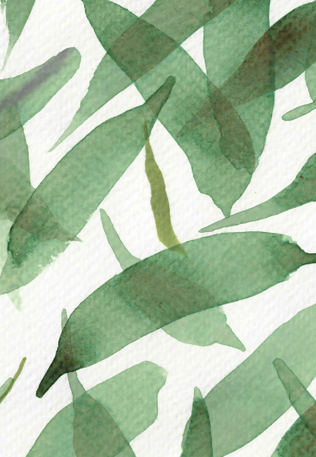 Aquarelle de feuilles vertes au lavis, motif feuillage dense sur fond clair.