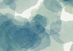 Gros plan aquarelle botanique, dégradés bleus et verts, textures papier sur fond clair