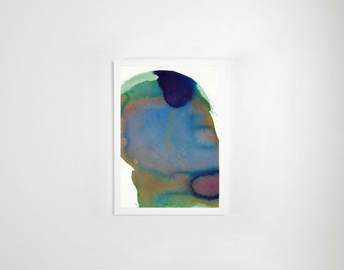 Aquarelle abstraite encadrée, formes bleu-vert et touches violettes