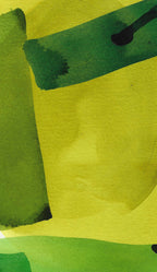 Aquarelle abstraite vert olive et jaune, gros plan de formes en transparence.