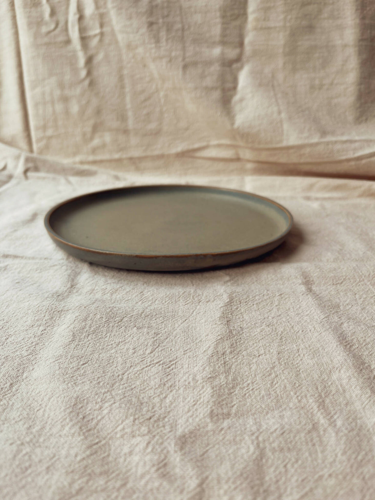 Assiette ronde en céramique vert olive clair, bord discret, style classique Algue