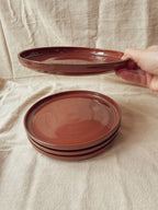 Main tenant une assiette bordeaux brillante au-dessus d’une pile, style classique Algue