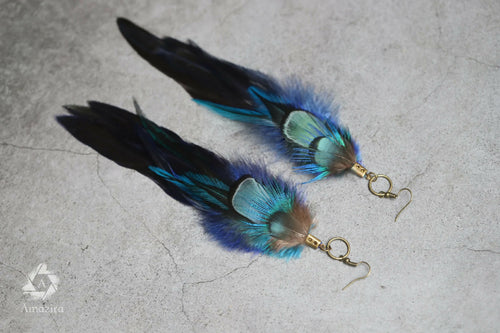 Paire de boucles d’oreilles à plumes bleu turquoise, crochets dorés