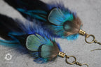 Boucles d’oreilles à plumes bleu et vert, détail des attaches dorées
