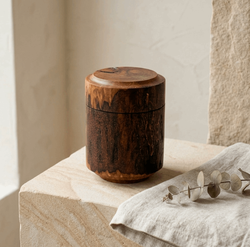 Boîte cylindrique en bois avec couvercle rond, finition veinée sombre