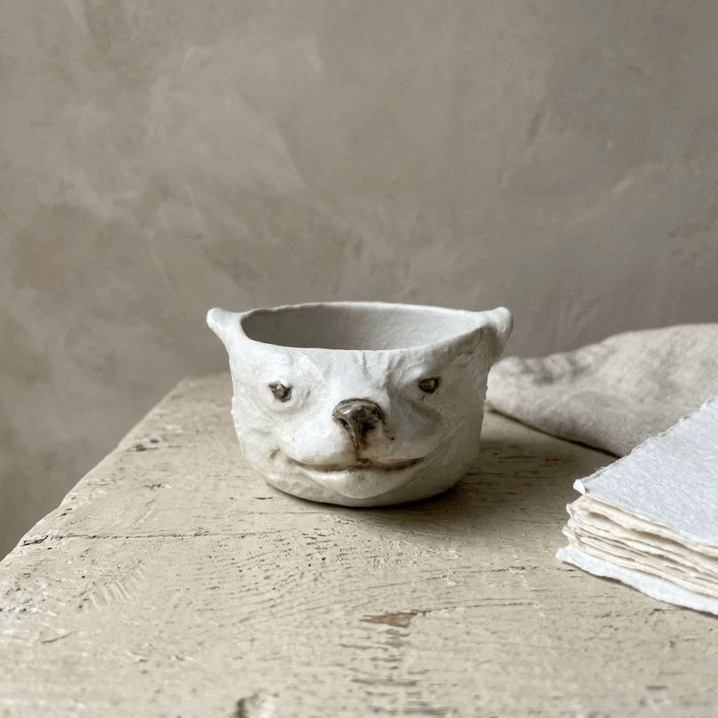 Bol en céramique en forme de tête de chat, blanc à motif museau.