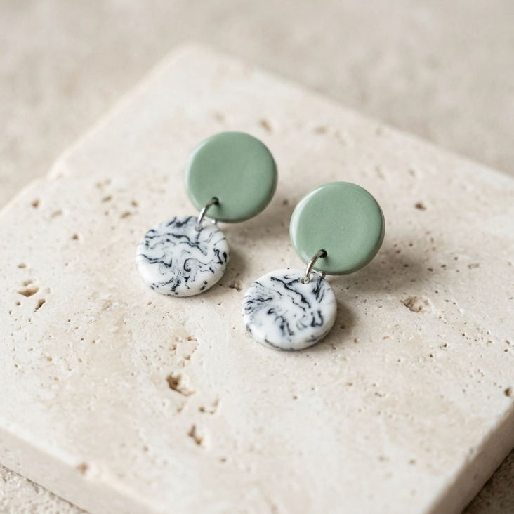 Boucles d’oreille en porcelaine vert menthe et blanc marbré, pastilles superposées