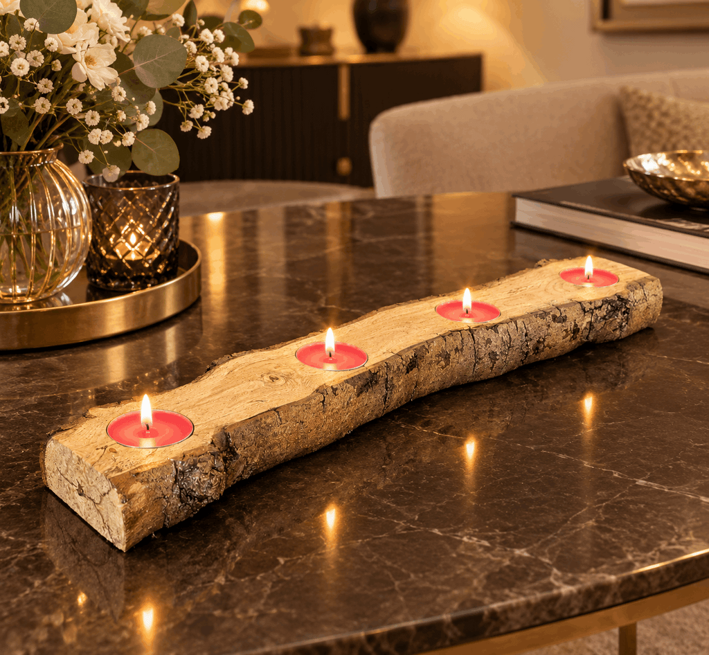 Bougeoir rustique en bois massif avec 3 bougies chauffe-plat roses