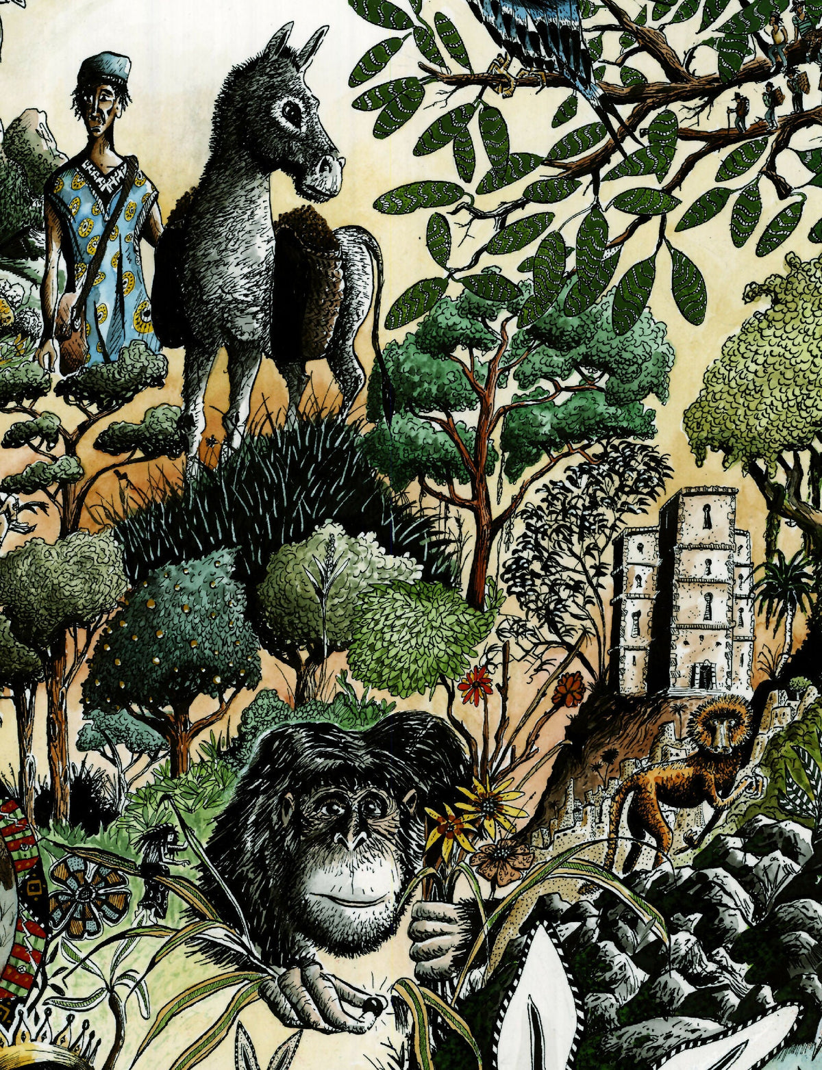 Affiche bestiaire éthiopien 50x65 cm, singe noir, chevaux au galop, arbres et bâtiments illustrés.
