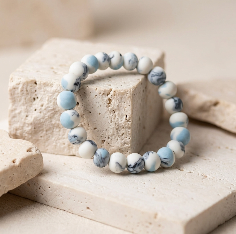 Bracelet en perles de porcelaine bleu clair et blanches, marbrures