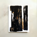 Impression d’art abstraite rectangulaire, tracés et couches de peinture noirs, touches beige.