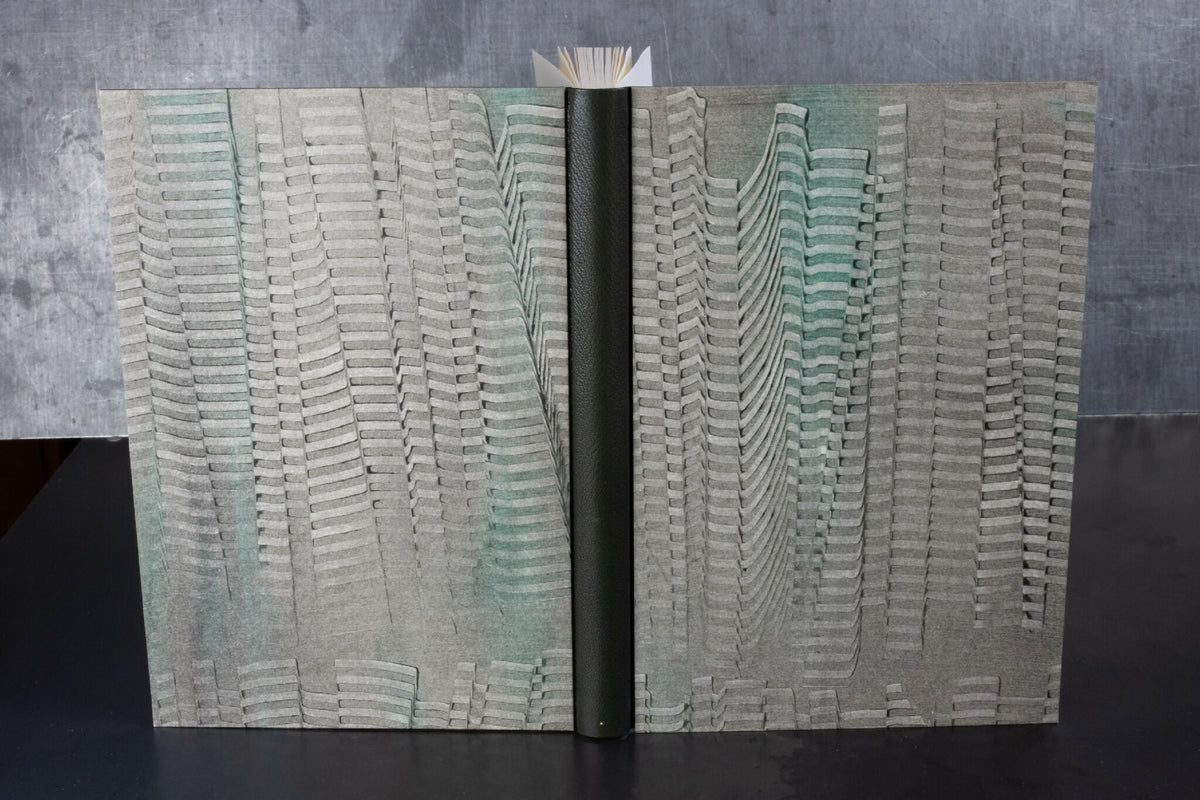 Cahier à couverture cuir gris clair, motifs ondulés, dos vert et reliure centrale.