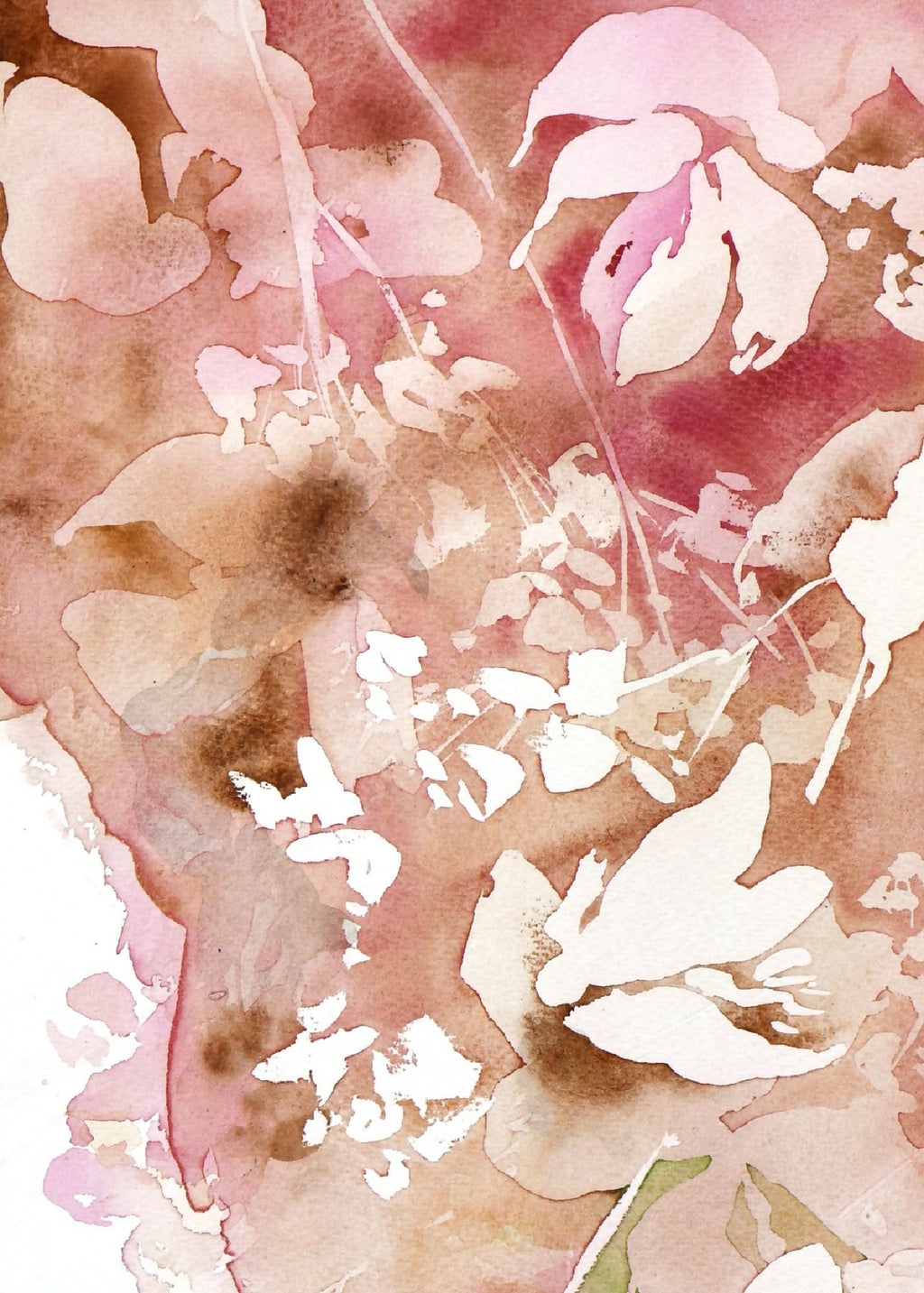 Aquarelle originale, détails floraux abstraits roses, bruns et touches violettes