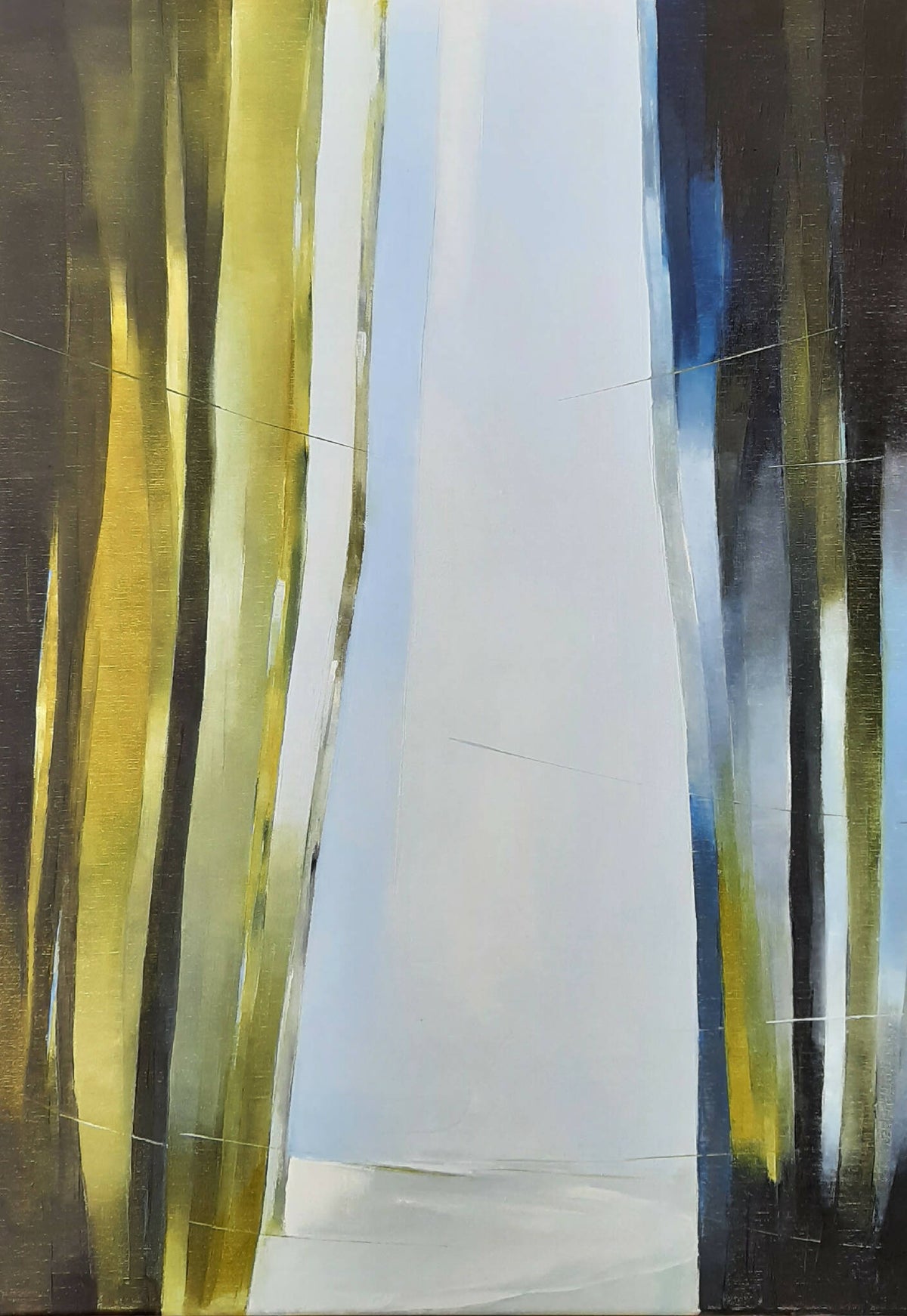 Toile abstraite avec lignes verticales vertes, jaunes et bleues, ouverture blanche