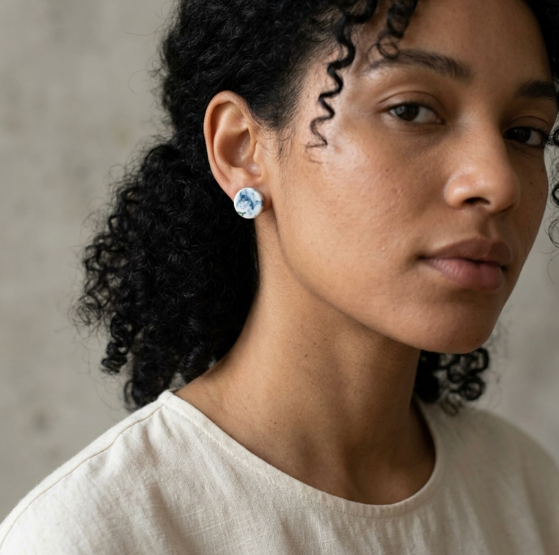 Boucles d’oreilles en porcelaine, clous ronds bleu et vert marbrés