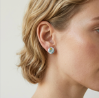 Boucles d’oreilles clous en porcelaine marbrée blanc, bleu, jaune et vert, sur l’oreille