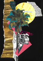 Collage encadré en gros plan : soleil jaune, palmiers turquoise et photo noir