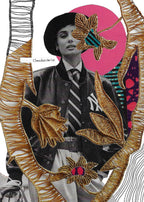 Collage encadré en gros plan : homme en costume noir, fleurs dorées et cercle rose