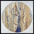Collage sur bois ARGILE en cercle, motifs abstraits bleu et beige, cadre noir.