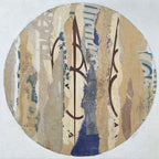 Collage sur bois ARGILE en cercle, composition abstraite bleu et beige, cadre noir.