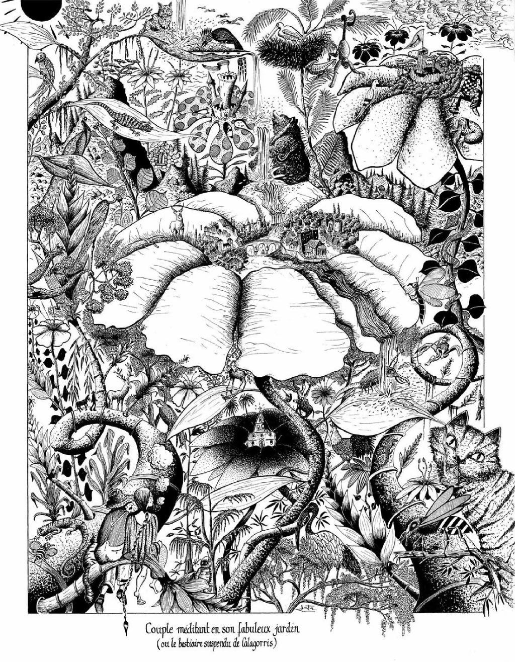 Illustration noir et blanc : mains en cercle dans un jardin fantastique, couple méditant